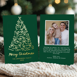 Tarjeta Festiva Con Relieve Metalizado Lazos caprichosos del árbol de Navidad verde Foto