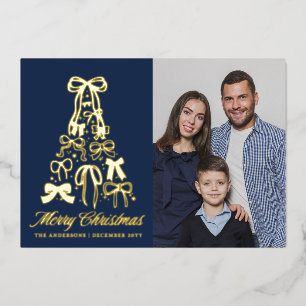 Tarjeta Festiva Con Relieve Metalizado Lazos de foto familiar azul elegante de Navidad