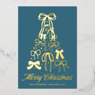 Tarjeta Festiva Con Relieve Metalizado Lazos de Foto Familiar Tarjeta Azul Navidad con Ho