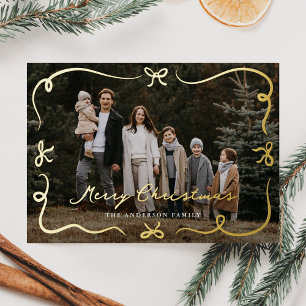 Tarjeta Festiva Con Relieve Metalizado Lazos Dibujados a Mano Caprichosos Feliz Navidad F