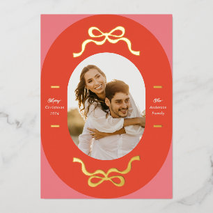 Tarjeta Festiva Con Relieve Metalizado Lazos Festivos en Oro Real Forma Oval Foto Navideñ