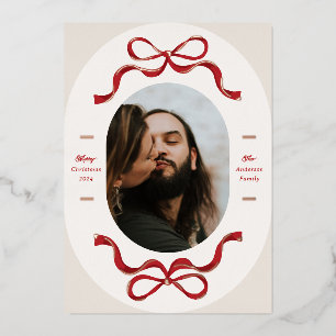 Tarjeta Festiva Con Relieve Metalizado Lazos Festivos en Rojo Rosa Dorado Óvalo Foto Fies