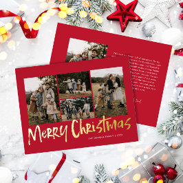 Tarjeta Festiva Con Relieve Metalizado Lechado rojo moderno cinco fotos Feliz Navidad