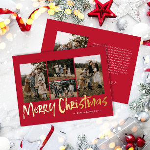 Tarjeta Festiva Con Relieve Metalizado Lechado rojo moderno cinco fotos Feliz Navidad