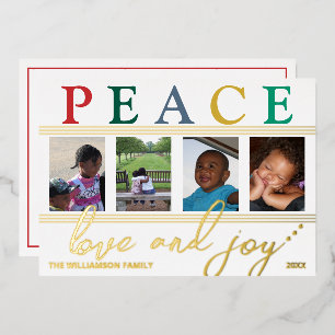 Tarjeta Festiva Con Relieve Metalizado Letras Coloridas 4 Foto Chic Paz Amor Alegría Oro