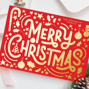 Tarjeta Festiva Con Relieve Metalizado Letras de Escenario de Navidad Feliz Dorado Foto