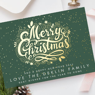 Tarjeta Festiva Con Relieve Metalizado Letras de Feliz Navidad con Motivo de Hoja Verde y