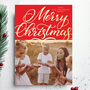 Tarjeta Festiva Con Relieve Metalizado Letras de Feliz Navidad en Oro Rojo Foto