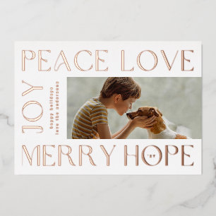 Tarjeta Festiva Con Relieve Metalizado Letras de Rose Gold MERRY JOY PEACE LOVE foto