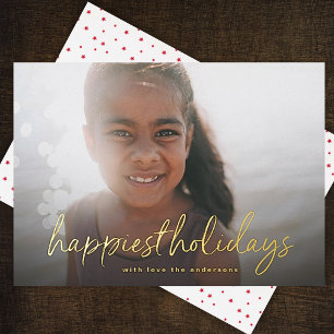 Tarjeta Festiva Con Relieve Metalizado Letras doradas Foto Navidad más feliz