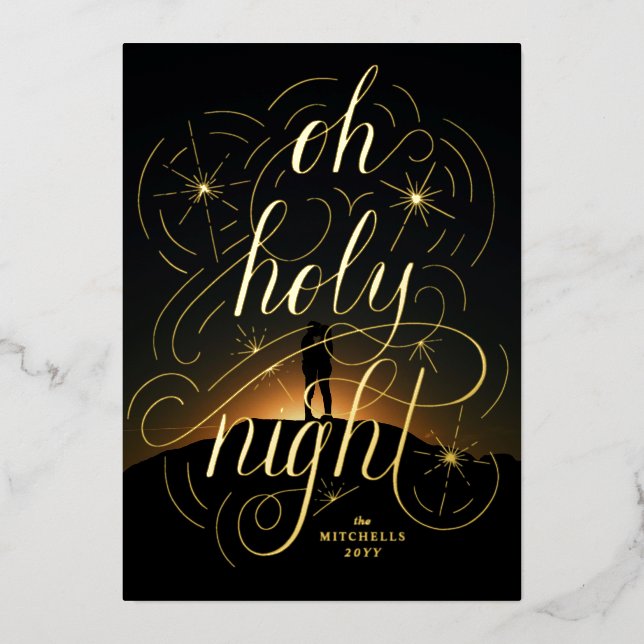 Tarjeta Festiva Con Relieve Metalizado Letters Oh Holy Night (Anverso)
