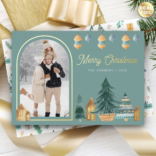 Tarjeta Festiva Con Relieve Metalizado Lindo Arco Nórdico Tradicional Foto Navidad Verde
