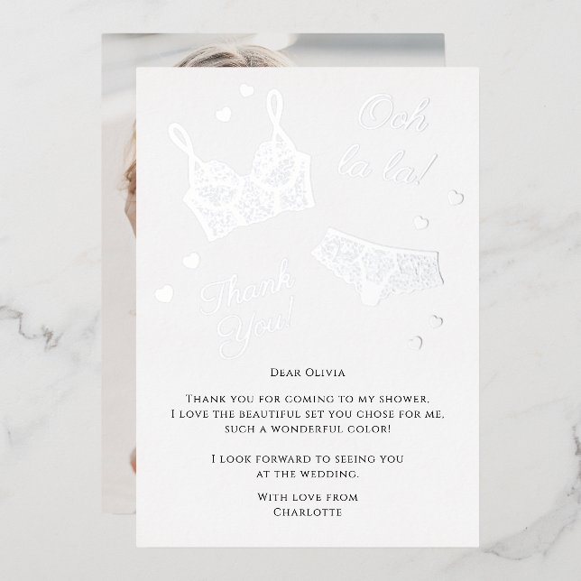 Tarjeta Festiva Con Relieve Metalizado Lingerie Fiesta Bridal Shower Foto Gracias (Anverso/Reverso)