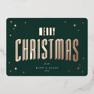 Tarjeta Festiva Con Relieve Metalizado Llanura de las estrellas retro de la navidad verde