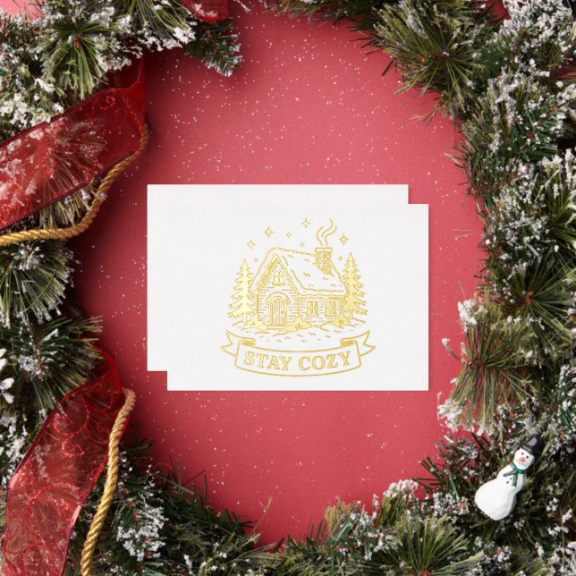 Tarjeta Festiva Con Relieve Metalizado Log House Stay Cozy Gold (in situ)