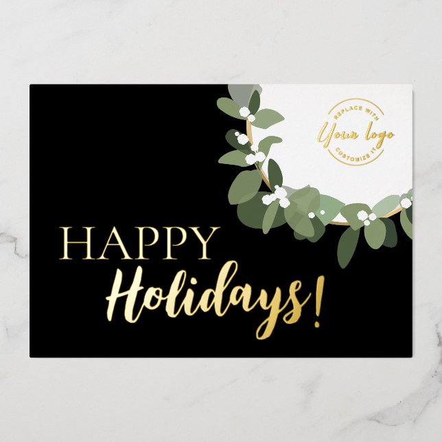 Tarjeta Festiva Con Relieve Metalizado Logo de Happy Holidays Company en Wreath Metallic (Anverso)