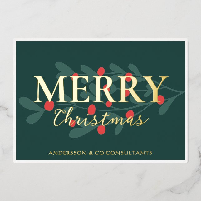 Tarjeta Festiva Con Relieve Metalizado Logo de negocios Red Berries Greenery Feliz Navida (Anverso)
