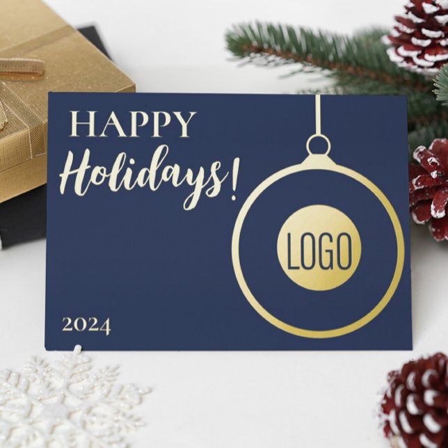 Tarjeta Festiva Con Relieve Metalizado Logo de Personalizado simple azul profesional (Corporate logo Blue Gold holiday greeting card)