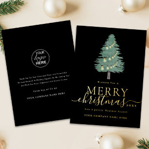 Tarjeta Festiva Con Relieve Metalizado Logotipo Corporativo Árbol de Navidad y Luces Scri