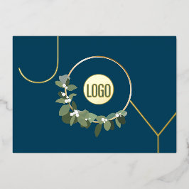 Tarjeta Festiva Con Relieve Metalizado Logotipo corporativo de JOY sobre oro azul real