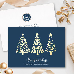 Tarjeta Festiva Con Relieve Metalizado Logotipo Corporativo Empresarial Árbol Marina Escr