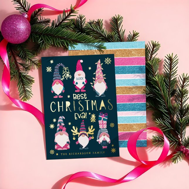 Tarjeta Festiva Con Relieve Metalizado ¡Los mejores Navidades Eva! Gnomes divertidos y br (Best Christmas Eva! Funny & Bright Gnomes Foil Holiday Card)