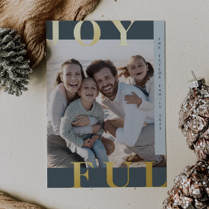 Tarjeta Festiva Con Relieve Metalizado LOTTIE Foil Azul Alegre Foto de Navidad Familiar
