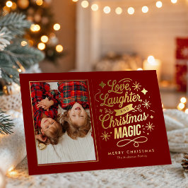 Tarjeta Festiva Con Relieve Metalizado Love Laughter Christmas Magic Holiday