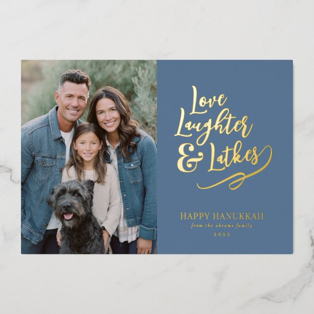 Tarjeta Festiva Con Relieve Metalizado Love Laughter Latkes Hanukkah Photo (Anverso)