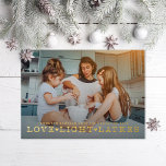Tarjeta Festiva Con Relieve Metalizado Love Light Latkes Hanukkah Photo<br><div class="desc">Love Light Latkes in retro serif type over full bleed photo; also available in flat ink</div>