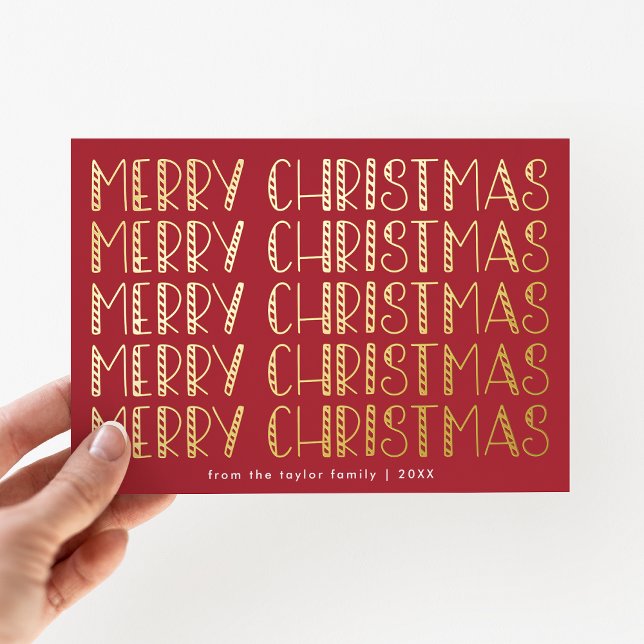 Tarjeta Festiva Con Relieve Metalizado LUCY Relieve metalizado dorado Rojo Fun Family Fel (LUCY Red Gold Foil Fun Family Merry Christmas Foil Holiday Card)