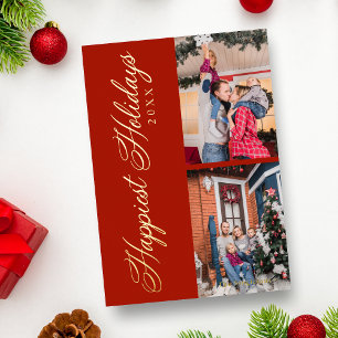 Tarjeta Festiva Con Relieve Metalizado Lujo 2 Fotos Collage Caprichoso Feliz Navidad