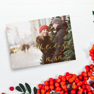 Tarjeta Festiva Con Relieve Metalizado Lujo Verdadero Futuro Dorado Sr. y Sra. Navidades