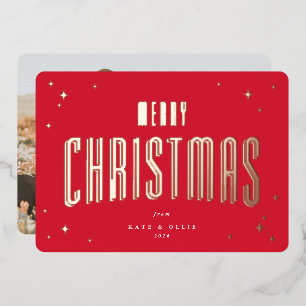 Tarjeta Festiva Con Relieve Metalizado Luminosa foto de estrellas retro de navidad en roj