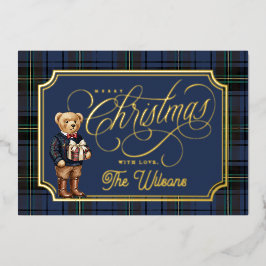 Tarjeta Festiva Con Relieve Metalizado Luxe Preppy Plaid Christmas Teddy Bear Photo Card