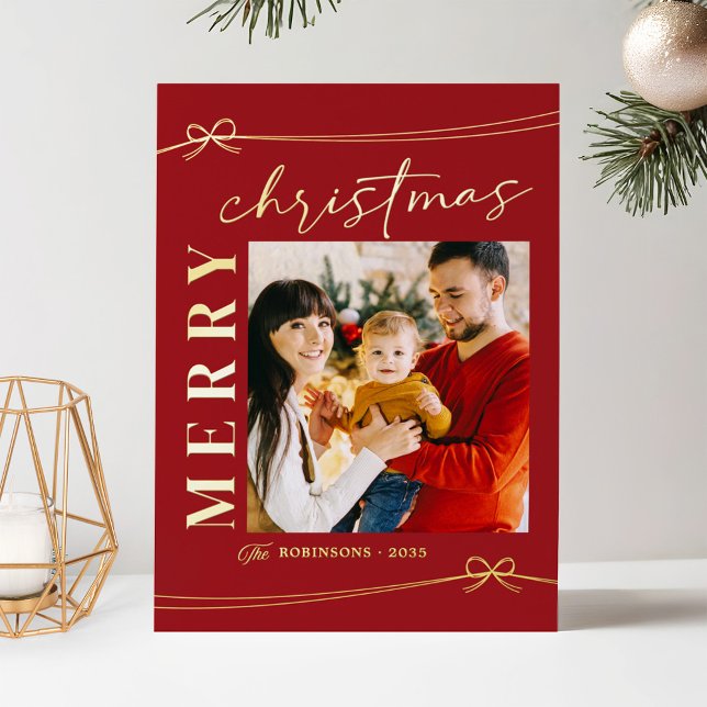 Tarjeta Festiva Con Relieve Metalizado Luxe Red Gold Merry Christmas Script Photo (Subido por el creador)