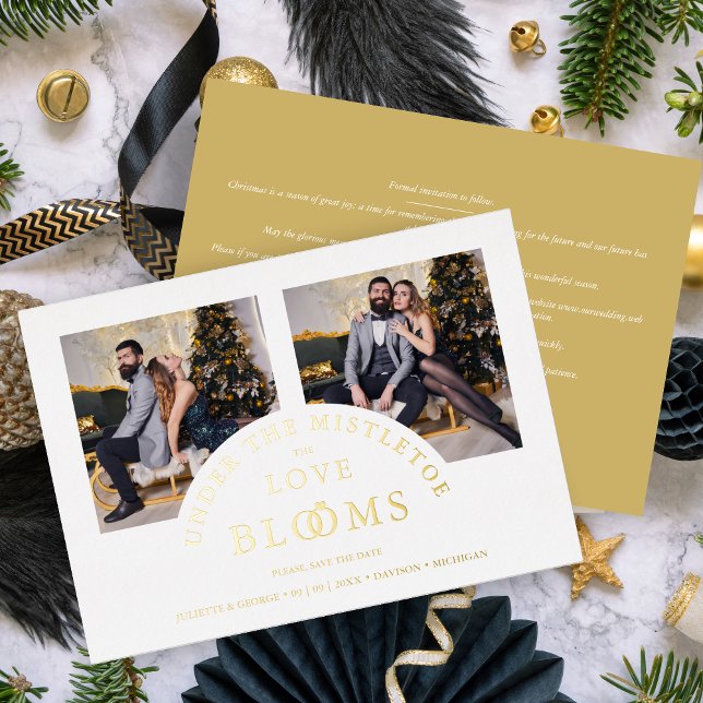 Tarjeta Festiva Con Relieve Metalizado Luxurious Romantic 2 Photos Collage  (Romantic 2 Photos Collage in Real Gold Metallic Foil Holiday Card as a Wedding Save the Date Card.)