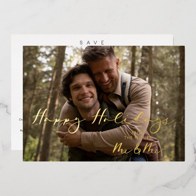 Tarjeta Festiva Con Relieve Metalizado Luxury Real Golden Future Mr & Mr Christmas Couple (Anverso/Reverso)