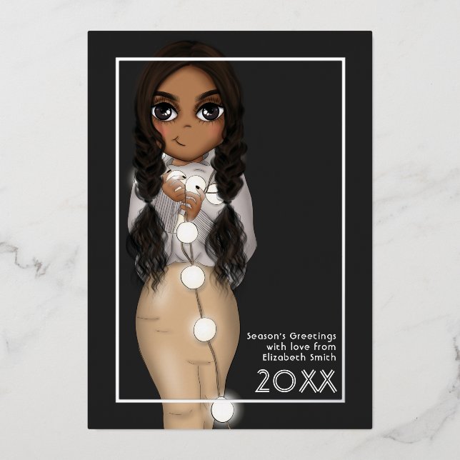 Tarjeta Festiva Con Relieve Metalizado Luz de Navidad Mujer Afroamericana Linda (Anverso)