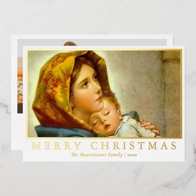 Tarjeta Festiva Con Relieve Metalizado Madonna y Navidades religiosos infantiles con foto (Anverso/Reverso)