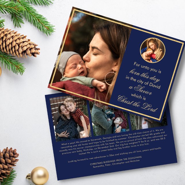 Tarjeta Festiva Con Relieve Metalizado Madonna y Navidades religiosos infantiles con foto (Real gold foil religious Christmas card with Madonna and Child and family photo on blue background.)