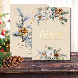 Tarjeta Festiva Con Relieve Metalizado Magnolia y piñas personalizadas Bendito