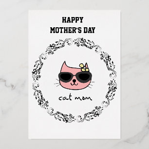 Tarjeta Festiva Con Relieve Metalizado Mamá Gato Feliz Día de la Madre
