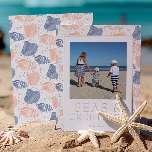 Tarjeta Festiva Con Relieve Metalizado Mar y Saludos Foto Real Rosa Dorada