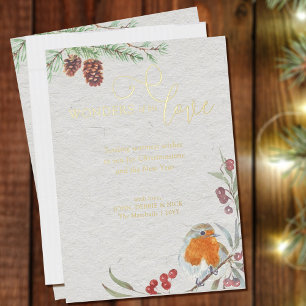 Tarjeta Festiva Con Relieve Metalizado Maravillas de su Amor Navidad Petirrojo y Pino Dor