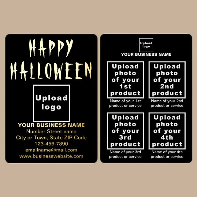Tarjeta Festiva Con Relieve Metalizado Marca comercial negra en Halloween (Black business brand with products or services on Halloween foil holiday card.)