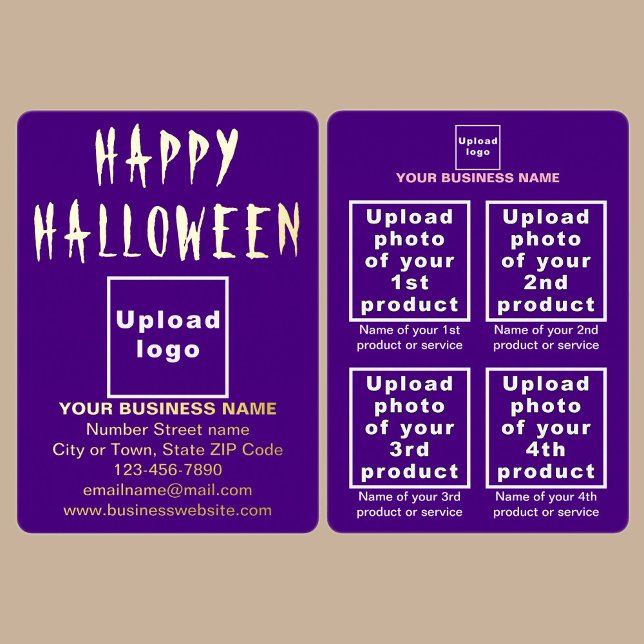 Tarjeta Festiva Con Relieve Metalizado Marca Purple Business en Halloween (Purple business brand with products or services on Halloween foil holiday card.)