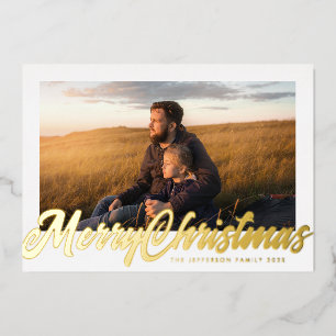 Tarjeta Festiva Con Relieve Metalizado Marco Blanco y Foto de Navidad Feliz en Dorado