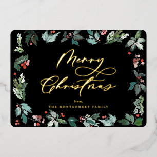 Tarjeta Festiva Con Relieve Metalizado Marco Botánico de Bayas Festivo Script de Navidad