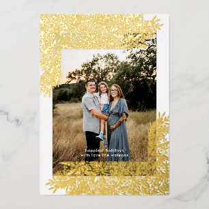 Tarjeta Festiva Con Relieve Metalizado Marco botánico dorado foto de Navidad dibujada a m